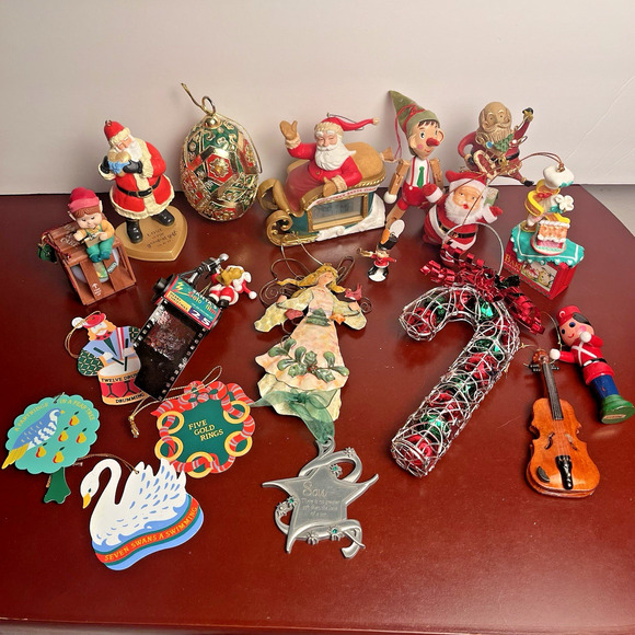 Vintage Christmas Ornaments Lot Santa Elf Candy Cane Violin 12 Days Mixed 19 Pc - Picture 1 of 11